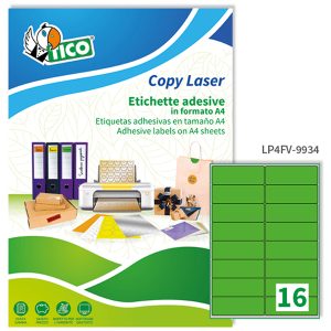 Etichette adesive LP4F - in carta - angoli arrotondati - permanenti - 99,1 x 34 mm - 16 et/fg - 70 fogli - verde fluo - Tico - immagine 1