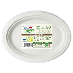 Piatto piano monouso - ovale - 26 x 19,5 cm - cellulosa - bianco - Dopla Green - conf. 50 pezzi - immagine 1