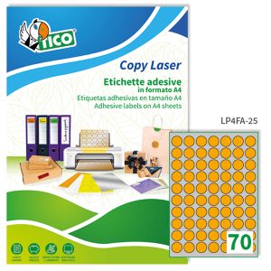Etichette adesive tonde LP4F - in carta - con margini - permanenti - diametro 25 mm - 70 et/fg - 70 fogli - arancio fluo - Tico - immagine 1