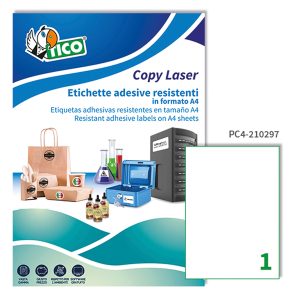 Etichette adesive PC4 - in poliestere - laser - permanenti - 210 x 297 mm - 1 et/fg - 100 fogli - trasparente - Tico - immagine 1