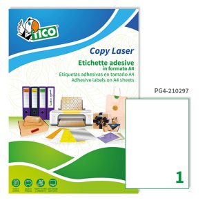 Etichette adesive PG4 - in carta - laser - permanenti - 210 x 297 mm - 1 et/fg - 100 fogli - bianco lucido - Tico - immagine 1