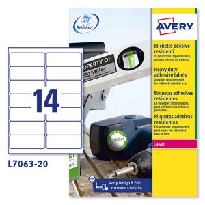 Etichette adesive extra strong L7063 - in poliestere - laser - permanenti - 99,1 x 38,1 mm - 14 et/fg - 20 fogli - bianco - Avery - immagine 1
