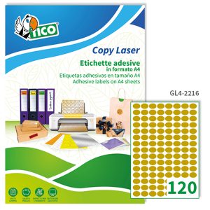 Etichette adesive ovali GL4 - in carta - permanenti - 22 x 16 mm - 120 et/fg - 100 fogli - oro satinato - Tico - immagine 1