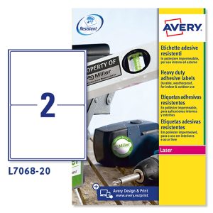 Etichette adesive extra strong L7068 - in poliestere - laser - permanenti - 199,6 x 143,5 mm - 2 et/fg - 20 fogli - bianco - Avery - immagine 1