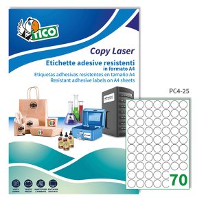Etichette adesive tonde PC4 - in poliestere - laser - permanenti - diametro 25 mm - 70 et/fg - 100 fogli - trasparente - Tico - immagine 1