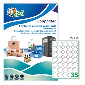 Etichette adesive tonde PC4 - in poliestere - laser - permanenti - diametro 36 mm - 35 et/fg - 100 fogli - trasparente - Tico - immagine 1