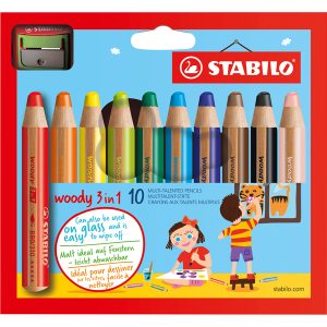 Matite colorate Woody 3 in 1 - mina 10 mm - con temperino - colori assortiti - Stabilo - astuccio 10 pezzi - immagine 1
