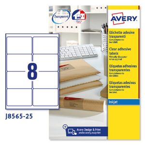 Etichette adesive J8565 - in poliestere - inkjet - rimovibili - 99,1 x 67,7 mm - 8 et/fg - 25 fogli - trasparente - Avery - immagine 1