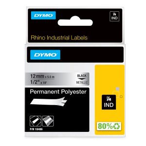 Nastro Rhino 18486 - 12 mm x 5,5 mt - poliestere - permanente - nero/metallo - Dymo - immagine 1