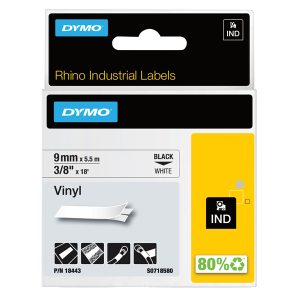 Nastro Rhino 18443 - 9 mm x 5,5 mt - vinile - nero/bianco - Dymo - immagine 1