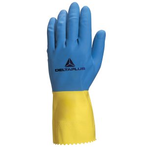 Guanti da lavoro industriale Duocolor 330 - lattice floccato cotone - taglia 09/10 - blu/giallo - Deltaplus - immagine 1