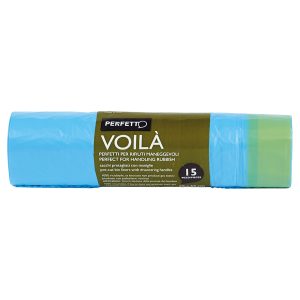 Sacchi per rifiuti con maniglie Voilà - 50x60 cm - 30 L - 15 micron - azzurro - Perfetto - rotolo da 15 sacchetti - immagine 1