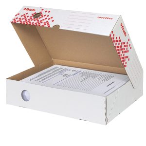 Scatola archivio Speedbox - dorso 8 cm - 35x25 cm - apertura totale - bianco e rosso - Esselte - immagine 1