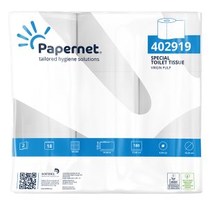 Carta igienica - 2 veli - 16,5 gr - 9,5 cm x 19,8 mt - diametro 10,2 cm - 180 strappi - Papernet - pacco 18 rotoli - immagine 1