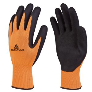 Guanti Apollon VV733 - poliestere - palmo schiuma di lattice - taglia 08 - arancio fluo/nero - Deltaplus - immagine 1