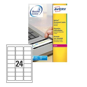 Etichette adesive L6146 - in poliestere - laser - permanenti - 63,5 x 33,9 mm - 24 et/fg - 20 fogli - bianco - Avery - immagine 1