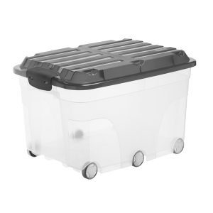 Contenitore Roller 6 - con ruote - 59,5x40x37 cm - 57 L - PPL - coperchio nero - trasparente - Rotho - immagine 1