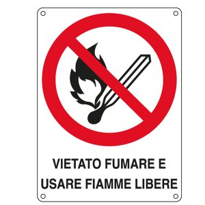 Cartello segnalatore - 16,6x23,3 cm - VIETATO FUMARE E USARE FIAMME LIBERE - alluminio - Cartelli Segnalatori - immagine 1