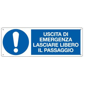 Cartello segnalatore - 35x12,5 cm - USCITA DI EMERGENZA LASCIARE LIBERO IL PASSAGGIO - alluminio - Cartelli Segnalatori - immagine 1