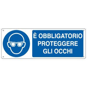 Cartello segnalatore - 35x12,5 cm - E' OBBLIGATORIO PROTEGGERE GLI OCCHI - alluminio - Cartelli Segnalatori - immagine 1