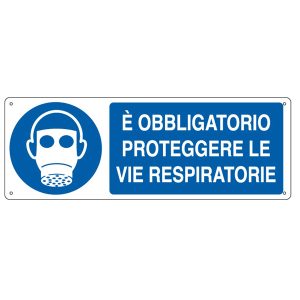 Cartello segnalatore - 35x12,5 cm - E' OBBLIGATORIO PROTEGGERE LE VIE RESPIRATORIE - alluminio - Cartelli Segnalatori - immagine 1