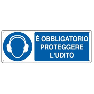 Cartello segnalatore - 35x12,5 cm - E' OBBLIGATORIO PROTEGGERE L'UDITO - alluminio - Cartelli Segnalatori - immagine 1