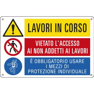 Cartello segnalatore multisimbolo - 50x33,3 cm - LAVORI IN CORSO/VIETATO L'ACCESSO…/E' OBBLIGATORIO… - alluminio - Cartelli Segnalatori - immagine 1