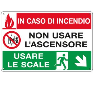 Cartello segnalatore multisimbolo - 30x20 cm - IN CASO DI INCENDIO NON USARE L'ASCENSORE… - alluminio - Cartelli Segnalatori - immagine 1