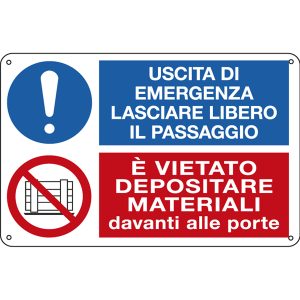 Cartello segnalatore multisimbolo - 30x20 cm - USCITA DI EMERGENZA…/E' VIETATO DEPOSITARE… - alluminio - Cartelli Segnalatori - immagine 1