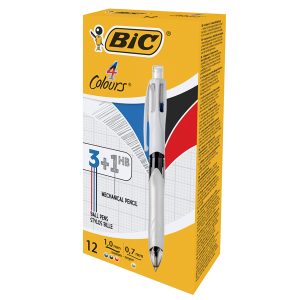Penna a sfera a scatto multifunzione 4 Colors -  con portamine ricaricabile con mine HB da 0,7mm - nero, blu, rosso - fusto grigio - Bic - conf. 12 pezzi - immagine 1