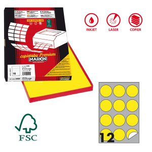 Etichette adesive tonde R/310 - in carta - permanenti - diametro 60 mm - 12 et/fg - 100 fogli - giallo fluo - Markin - immagine 1