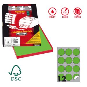 Etichette adesive tonde R/310 - in carta - permanenti - diametro 60 mm - 12 et/fg - 100 fogli - verde fluo - Markin - immagine 1