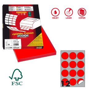 Etichette adesive tonde R/310 - in carta - permanenti - diametro 60 mm - 12 et/fg - 100 fogli - rosso fluo - Markin - immagine 1