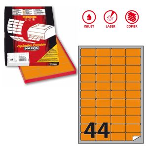 Etichette adesive A/406 - in carta - permanenti - 47,5 x 25,5 mm - 44 et/fg - 100 fogli - arancio fluo - Markin - immagine 1