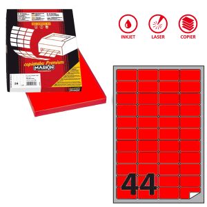 Etichette adesive A/406 - in carta - permanenti - 47,5 x 25,5 mm - 44 et/fg - 100 fogli - rosso fluo - Markin - immagine 1