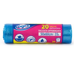 Sacchi per immondizia - 50x60 cm - 35 L - 9 micron - azzurro trasparente - Logex Professional - rotolo da 20 sacchetti - immagine 1