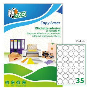 Etichette adesive tonde PG4 - in carta - laser - permanenti - diametro 36 mm - 35 et/fg - 100 fogli - bianco lucido - Tico - immagine 1