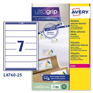 Etichette adesive L4760 - in carta - angoli arrotondati - permanenti - 192 x 38 mm - 7 et/fg - 25 fogli - bianco coprente - Avery - immagine 1