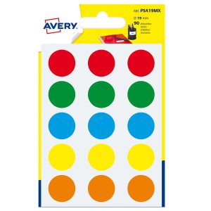 Etichette adesive tonde PSA - in carta - permanenti - diametro 19 mm - 15 et/fg - 6 fogli - colori assortiti - Avery - immagine 1