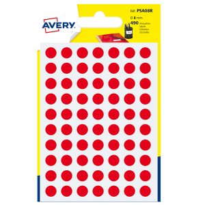 Etichette adesive tonde PSA - in carta - permanenti - diametro 8 mm - 70 et/fg - 7 fogli - rosso - Avery - immagine 1
