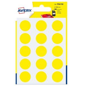 Etichette adesive tonde PSA - in carta - permanenti - diametro 19 mm - 15 et/fg - 6 fogli - giallo - Avery - immagine 1