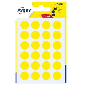 Etichette adesive tonde PSA - in carta - permanenti - diametro 15 mm - 24 et/fg - 7 fogli - giallo - Avery - immagine 1
