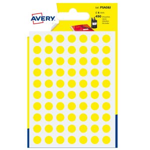 Etichette adesive tonde PSA - in carta - permanenti - diametro 8 mm - 70 et/fg - 7 fogli - giallo - Avery - immagine 1