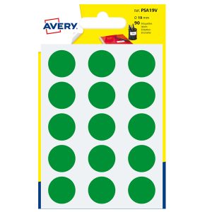 Etichette adesive tonde PSA - in carta - permanenti - diametro 19 mm - 15 et/fg - 6 fogli - verde - Avery - immagine 1