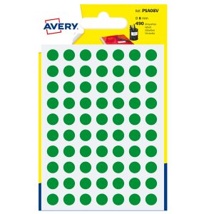Etichette adesive tonde PSA - in carta - permanenti - diametro 8 mm - 70 et/fg - 7 fogli - verde - Avery - immagine 1