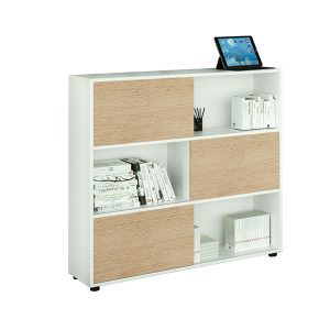 Libreria bassa Tetris a 3 ripiani ante scorrevoli - 120x35x116 cm - bianco/rovere - immagine 1