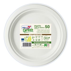 Piatto piano monouso - rotondo - diametro 22 cm - cellulosa - bianco - Dopla Green - conf. 50 pezzi - immagine 1