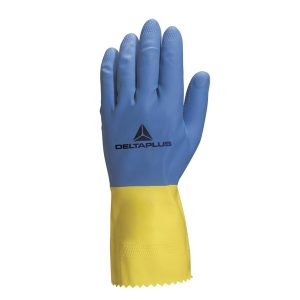 Guanti da lavoro industriale Duocolor 330 - lattice floccato cotone - taglia 08/09 - blu/giallo - Deltaplus - immagine 1