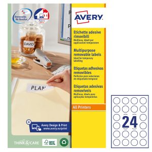 Etichette adesive tonde L4850 - in carta - rimovibili - diametro 37 mm - 24 et/fg - 25 fogli - bianco - Avery - immagine 1