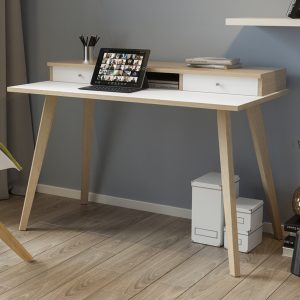 Postazione Home-Office - con sopralzo - gambe in legno -120 x 60 x H 74,4 cm - bianco / rovere - immagine 2